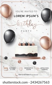 Happy birthday cake invitation banner template. Birthday greeting card with luxury modern rose gold balloon on white marble background for party, invite card, social media, backdrop, online, website.