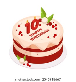 Happy birthday cake. Isometric sweet pastry dessert with birthday candles, tasty bakery vanilla or chocolate cake 3d vector illustration. Festive celebration birthday cake