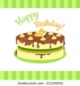 Happy birthday cake with lemons, limes, mandarins and oranges isolated. Cake with citrus fruit and chocolate. Wedding cake , dessert cookies, food sweet pie with cream and fruit vector illustration