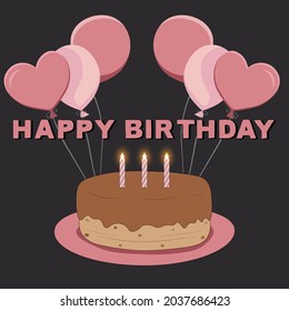 Happy birthday cake with lighted candles on black background. Birthday girl. Vector illustration for birthday card. 