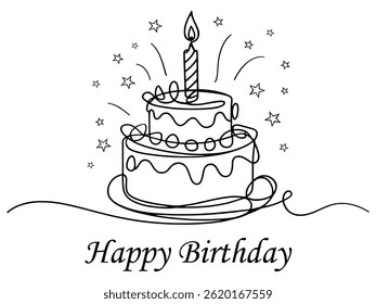 Happy Birthday Cake Line Art, Minimalist Candle Sketch Illustration.