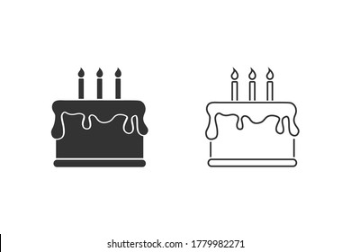 Happy Birthday and Cake Line Icon Set. Vector