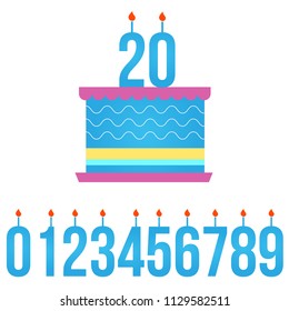 Happy Birthday Cake with Lit Candle, set of numbers. vector illustration isolated on white background.