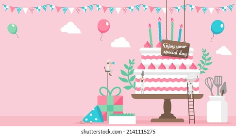 Happy birthday ( birthday cake motif ) vector banner illustration