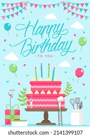 Happy birthday (birthday cake motif ) vertical postcard template illustration