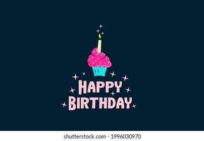 Happy Birthday cake with one candle. Vector hand lettering typography poster on festive pie silhouette. Greeting card.