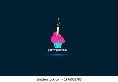 Happy Birthday cake with one candle poster on festive pie silhouette. Greeting card.
