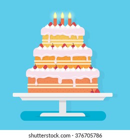 Happy Birthday cake. Party and celebration design elements. Flat style vector illustration.