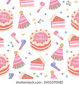 Happy birthday cake and party seamless pattern