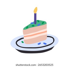 Peça de bolo de aniversário feliz com vela. Doce sobremesa festiva, corte fatia servido no prato. Doces deliciosos, confeitaria de férias para a festa. Ilustração de vetor plano isolada no plano de fundo branco