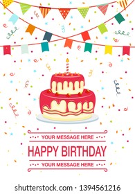 Happy birthday - cake and ribbon party flat style. Vector illustration icon isolated on white background.