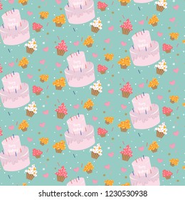 Happy Birthday cake seamless pattern background. Vector illustration