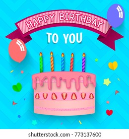 Happy Birthday cake in Simple Flat Paper Cut style card.