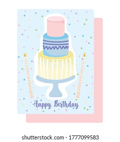 happy birthday, cake in stand with candles cartoon celebration decoration card vector illustration