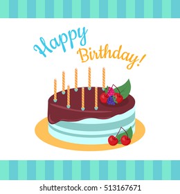 Happy Birthday cake with strawberries isolated. Cake with chocolate. Birthday or wedding cake , dessert cookies, strawberry and kiss, food sweet pie with cream and fruit vector illustration