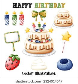 Feliz Cumpleaños Cake fresa arándano arándano y Bow Elemento colorido Vector Archivo ,Clipart Cute caricatura estilo Para banner, afiche, tarjeta, camiseta, pegatina