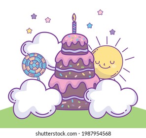 happy birthday cake sun clouds cartoon