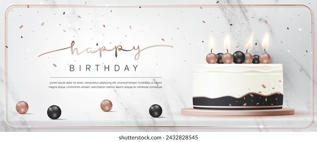 Happy birthday cake template. Luxury birthday greeting card with 3D celebration cake and gold ball on white marble background for modern anniversary party event, banner, backdrop, wallpaper. Vector