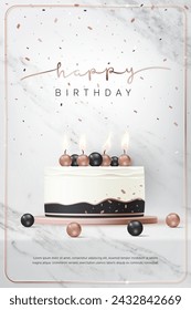 Happy birthday cake template. Luxury birthday greeting card with 3D celebration cake and gold ball on white marble background for modern anniversary party event, banner, backdrop, wallpaper. Vector