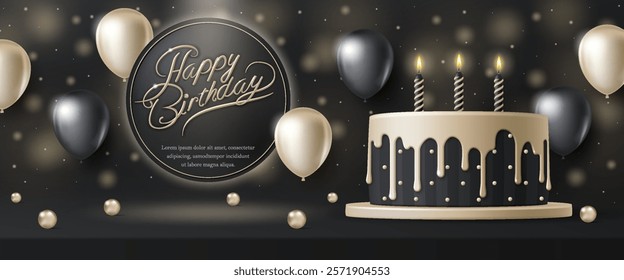 Happy birthday cake template. Luxury birthday greeting card with 3D celebration cake and gold ball on black marble background for modern anniversary party event, banner, backdrop, wallpaper. Vector