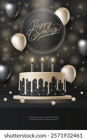 Happy birthday cake template. Luxury birthday greeting card with 3D celebration cake and gold ball on black marble background for modern anniversary party event, banner, backdrop, wallpaper. Vector