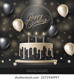 Happy birthday cake template. Luxury birthday greeting card with 3D celebration cake and gold ball on black marble background for modern anniversary party event, banner, backdrop, wallpaper. Vector