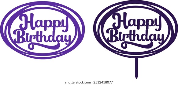 Happy Birthday Cake Topper - Silhouette Vector Graphics Design Oval #03