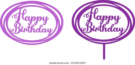 Happy Birthday Cake Topper - Silhouette Vector Graphics Design in Oval Shape #01