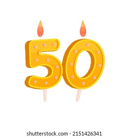 Happy Birthday Cake Topper. Birthday. Yellow candles on the cake. Anniversary date. 50 years old. Vector illustration.