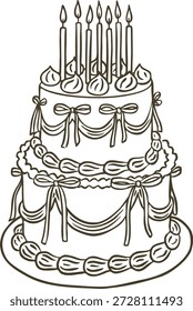 Happy Birthday cake two tier with burning candles vector doodle illustration. Celebration creamy dessert decorated with bows. Sweet treat confectionery line art