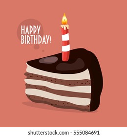 Happy birthday cake with a typography. A peace of chocolate biscuit cake with a burning candle on. 