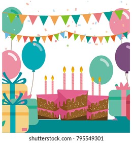 平らなスタイルの誕生日記念カード ベクターイラスト 誕生会 ケーキ ギフトボックス お菓子 風船のシンボル 祭日の 背景にタイポグラフィーポスターテンプレート パーティーのお祝い のベクター画像素材 ロイヤリティフリー Shutterstock