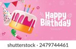 Happy birthday cake vector background design. Birthday greeting text with cake, candle, party hat, pennants and whistle decoration elements in pink background. Vector illustration invitation card 