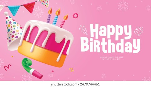 Happy birthday cake vector background design. Birthday greeting text with cake, candle, party hat, pennants and whistle decoration elements in pink background. Vector illustration invitation card 