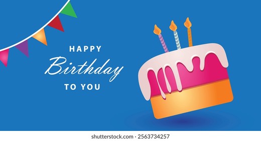 Happy birthday cake vector background design. Birthday greeting text with cake, candle illustration 