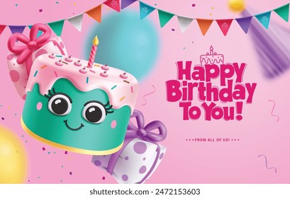 Happy birthday cake vector design. Birthday greeting text with cute character cake, gifts balloon and pennants decoration elements for party invitation card background. Vector illustration birthday 