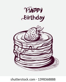 Happy birthday cake Vector line art. Old effect vintage style dessert