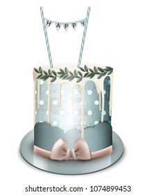 Happy birthday cake Vector realistic. White chocolate frosting. Anniversary, wedding modern desserts