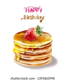 Happy birthday cake Vector watercolor. Juicy filling and fruits toppings