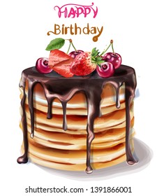 Happy birthday cake. Vector watercolor. Chocolate filling and fruits toppings