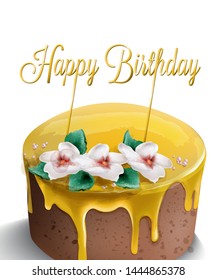 Happy birthday cake Vector watercolor. Yellow top. Golden text and flowers decor