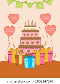 happy birthday with birthday cake,give,love balloon,flag decoration, flat design