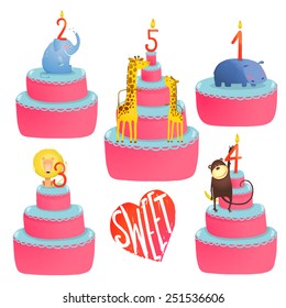 Happy Birthday Cakes Collection with Animals and Lettering. Colorful sweeties with holiday childish candles. Vector illustration EPS10.