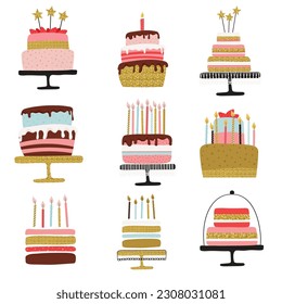 Happy Birthday cakes collection. Festive sweet tasty dessert in a cute simple style. Vector illustration