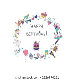 Happy Birthday. Cakes, firecrackers, gifts and other items in the shape of a circle. The concept of a holiday, birthday, congratulations.