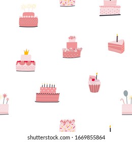 Happy Birthday cakes seamless pattern. Simple flat vector surface illustration cartoon style. Festive party celebration hand drawn cute present picture graphic design clip art element digital paper.