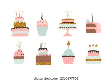 Feliz colección vectorial de pasteles de cumpleaños. Dedos festivos al estilo de dibujos animados planos. Pasteles y pastelitos con crema y velas.