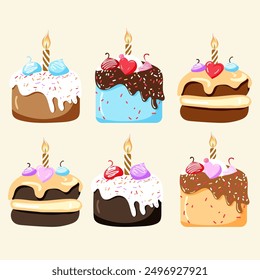 Happy birthday cakes vector collection. Festive deserts in trendy minimalist style. Cakes and cupcakes with cream and candles.