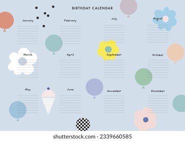 Happy Birthday calendar. Organizer and Schedule. Vector background