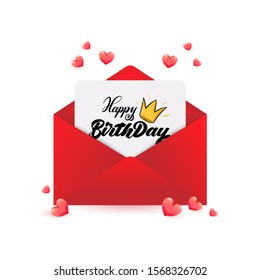 Happy Birthday calligraphy with crown  on paper within red envelope with 3d realistic hearts for sale poster, anniversary greeting card, love invitation, promo message, queen romantic vector font